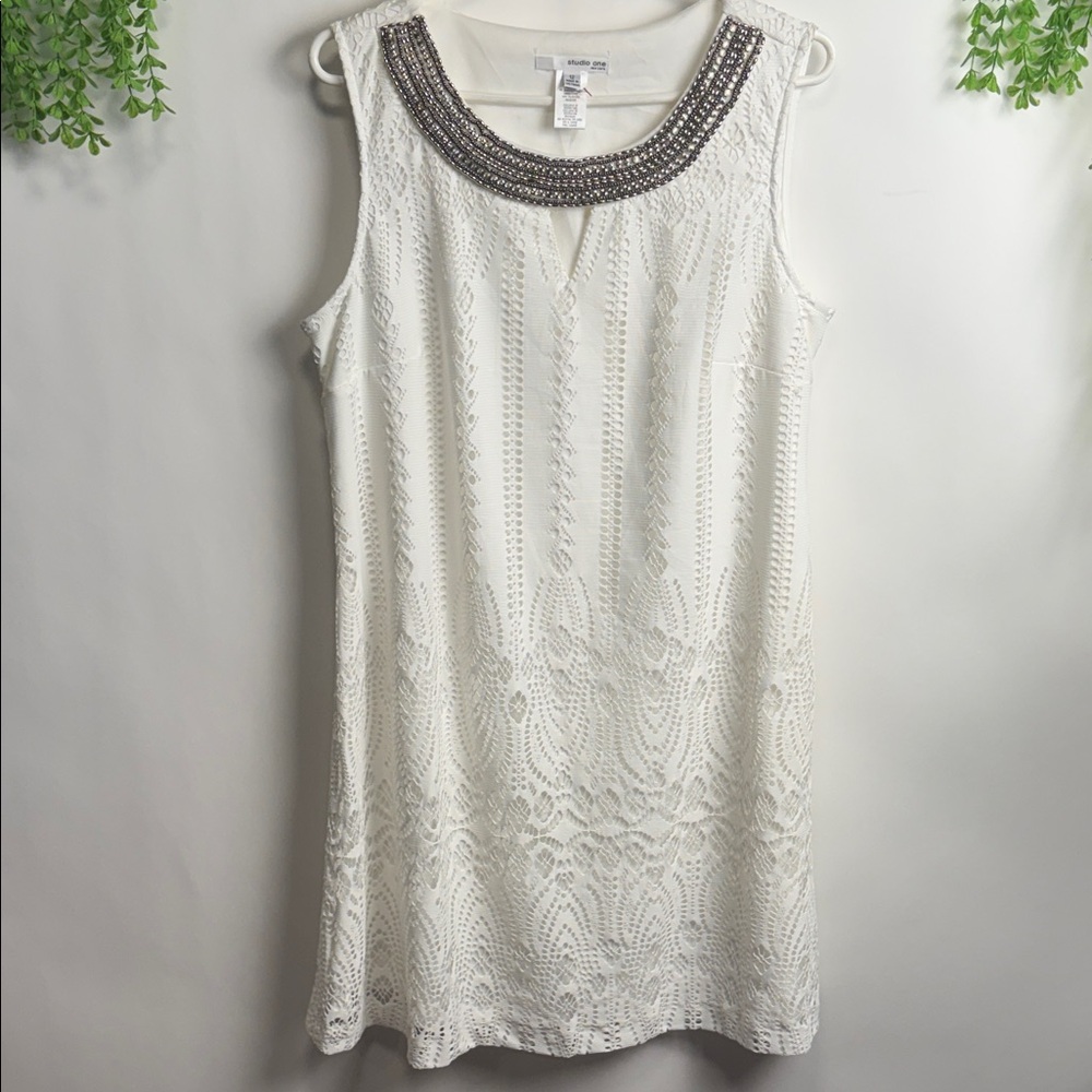 Studio One White Lace Midi Dress with Silver Accents